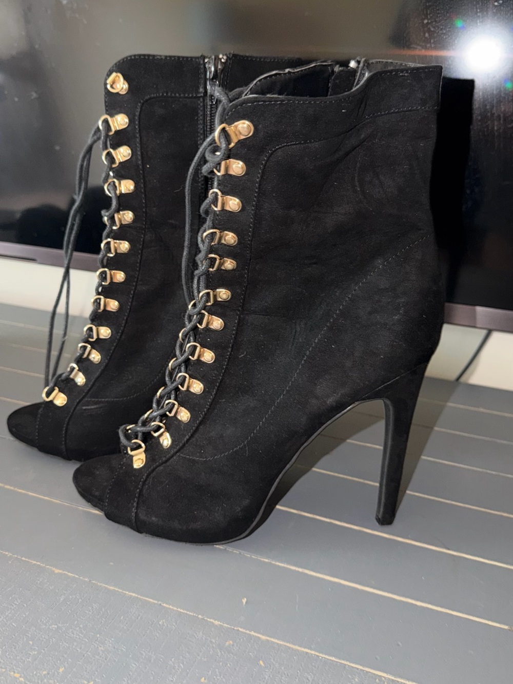 Black Lace-Up Suede High-Heel Bootie